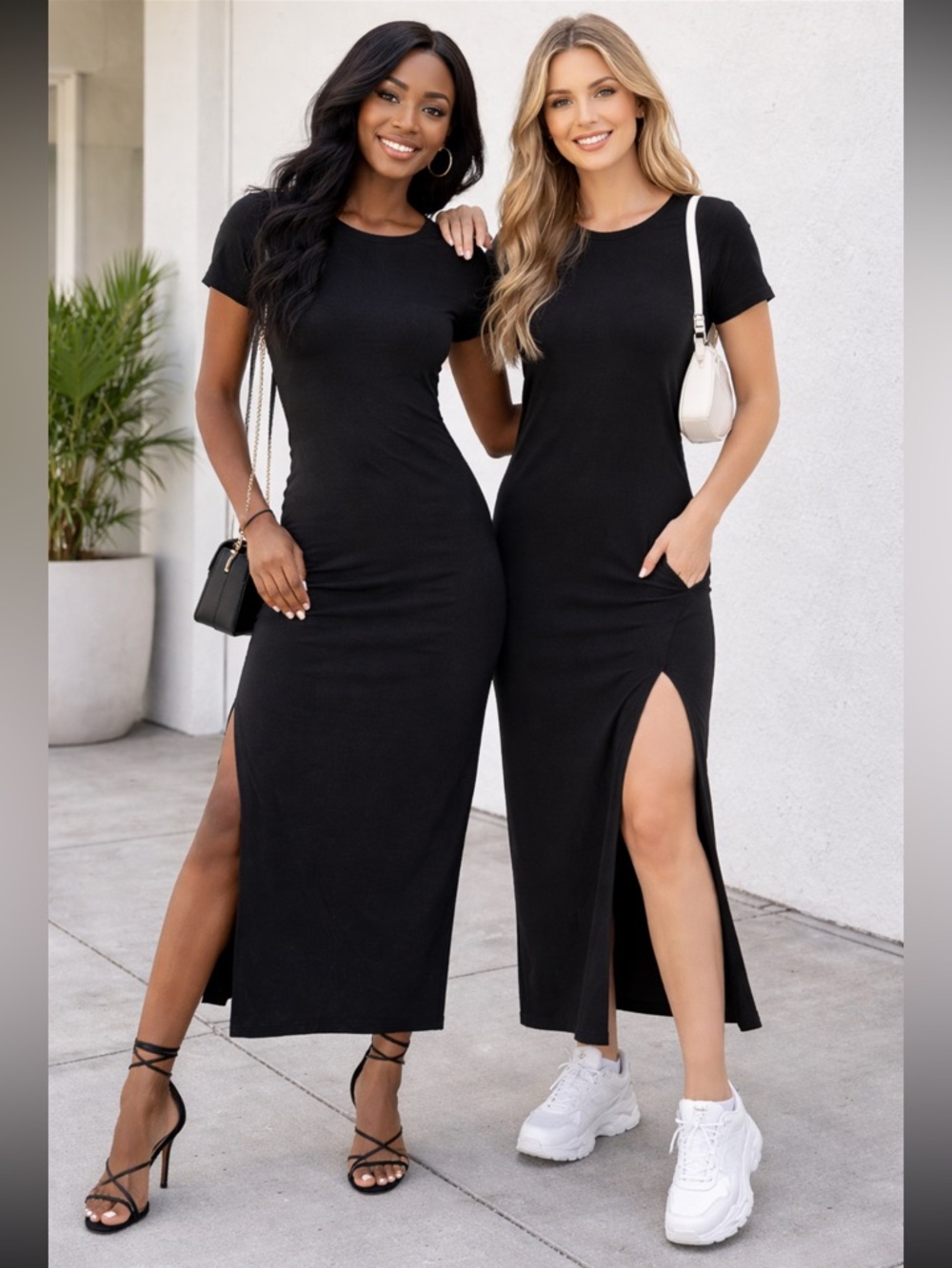 Daisy Size L Classic Black Short-Sleeve‎ Slit Maxi T-shirt Dress